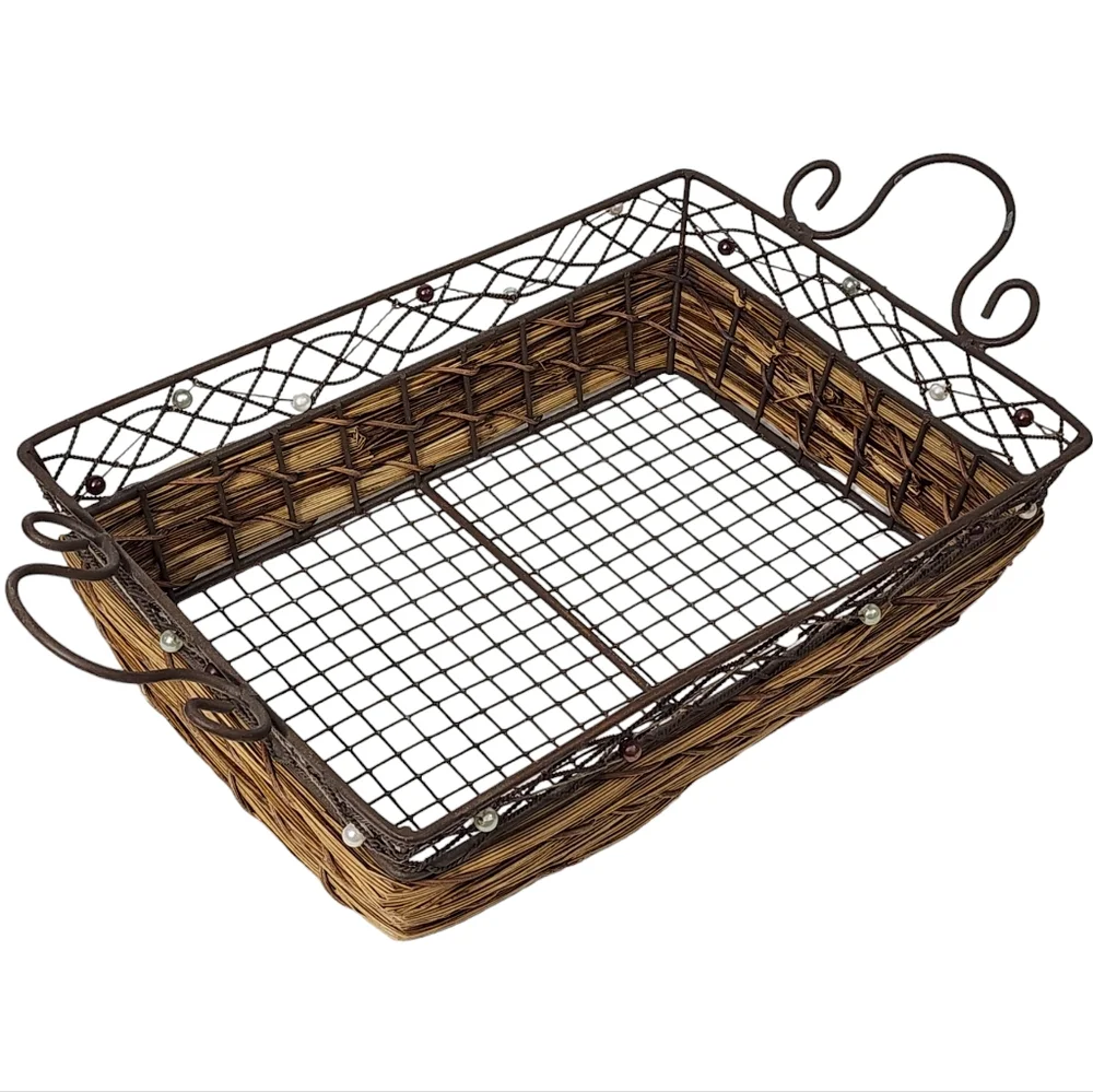 Rustic Rectangular‎ Woven Wicker Basket With Wire Handles and Frame